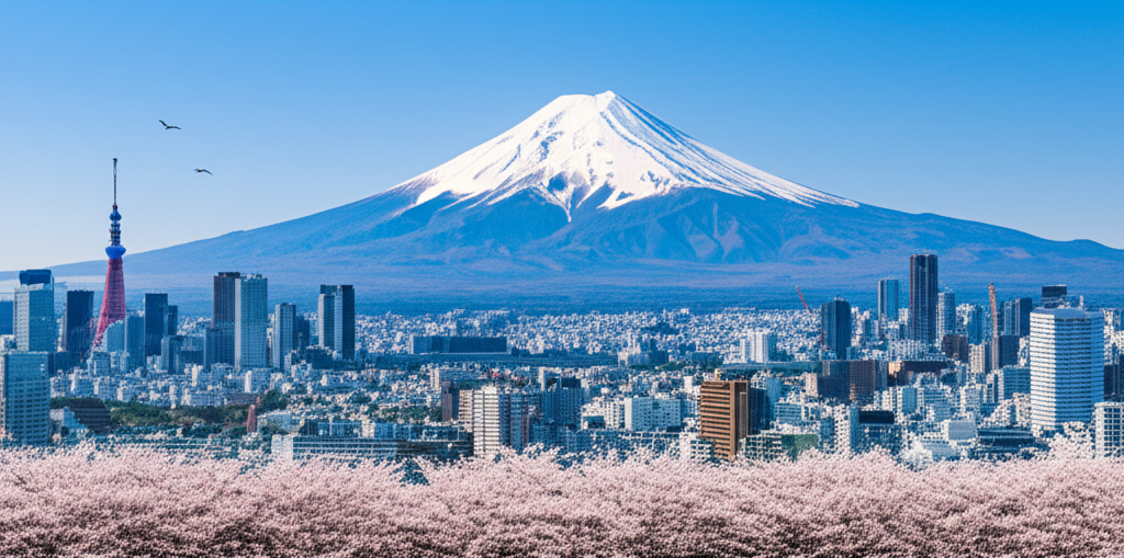 Japan travel destination with Tokyo Tower and cherry blossoms